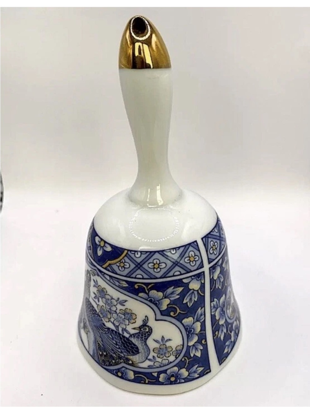 Porcelain Peacock Bell with Blue and Gold Accents
